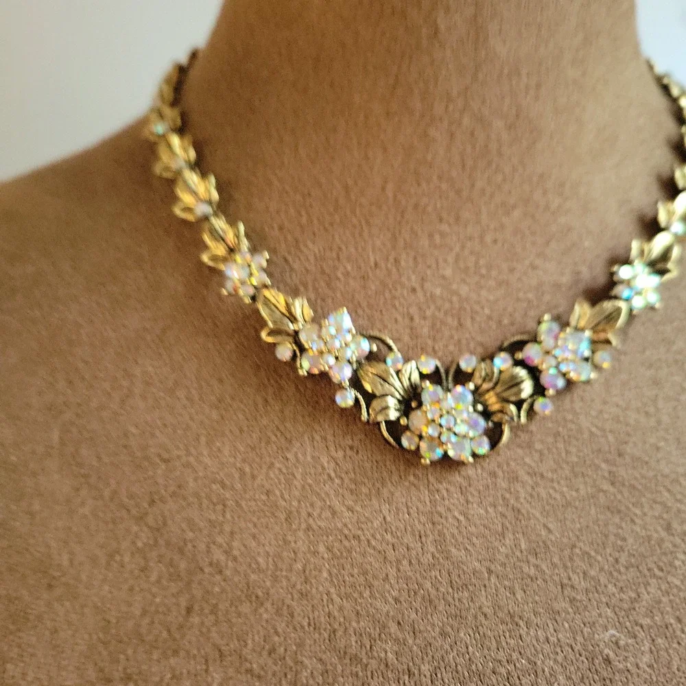 Vintage Style Gold Tone AB Rhinestone Floral Leaf Necklace 15 Inch Cottagecore